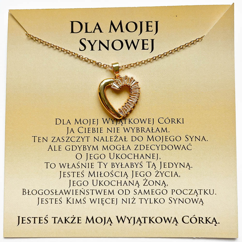 Naszyjnik z dedykacją dla Synowej od Teściowej złoty serce eleganckie cyrkonie stal chirurgiczna