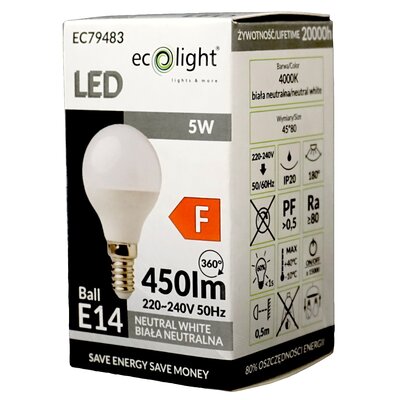 Żarówka LED E14 5W G45 kulka biała neutralna
