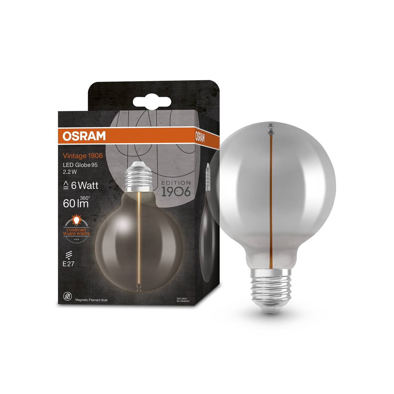 OSRAM Vintage 1906 kulista LED 2,2W 1800K dymione
