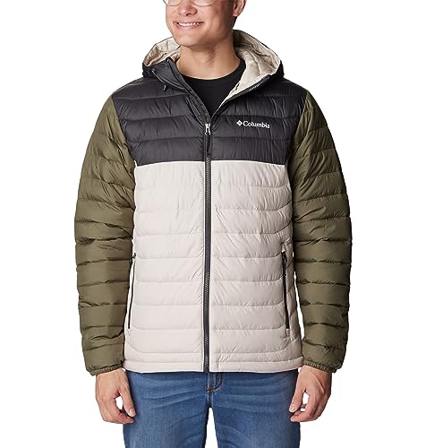 Columbia Męska kurtka puchowa z kapturem Powder Lite, ciemny kamień, rekin, kamienna zieleń, XS