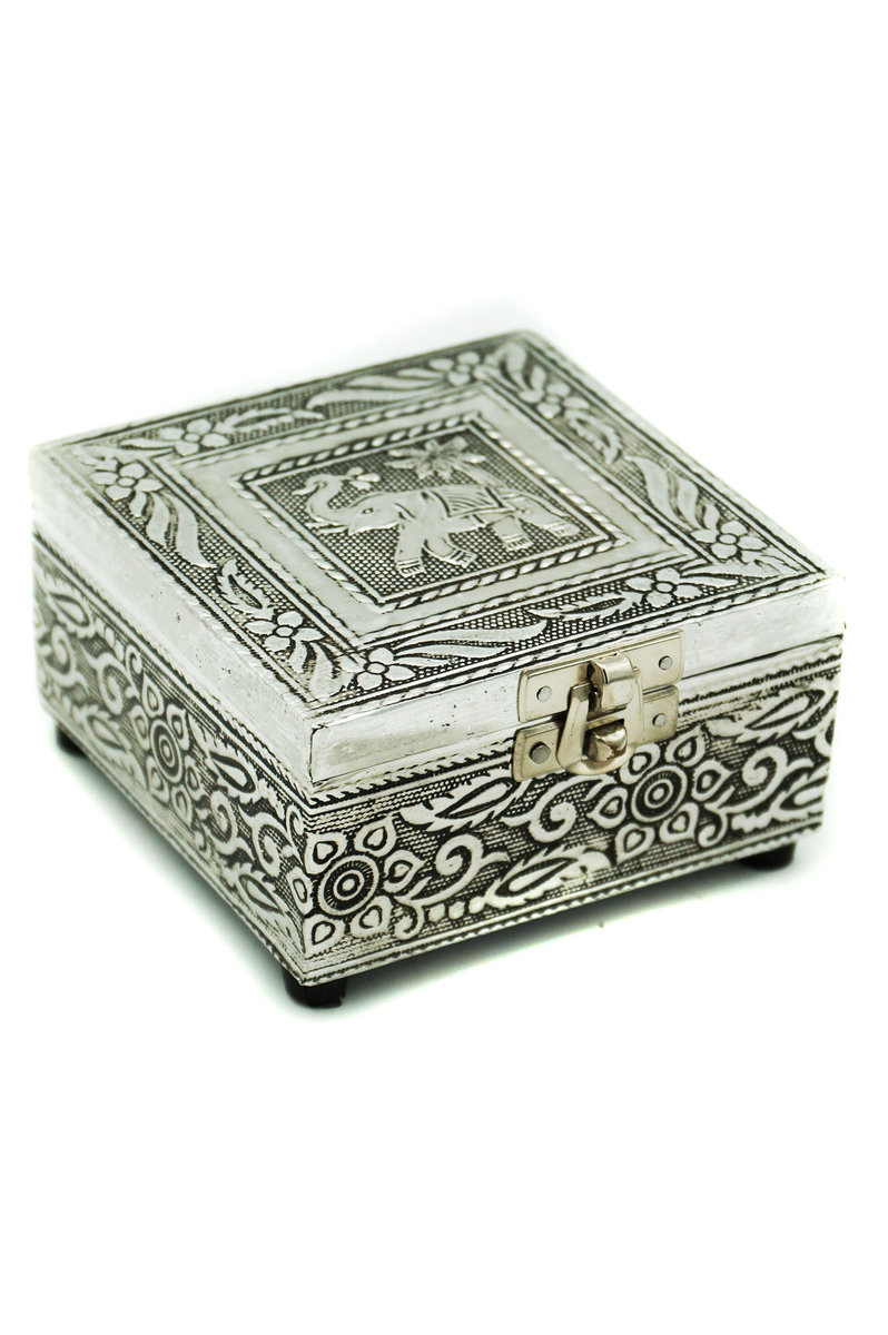 SZKATUŁKA INDYJSKA  PUZDERKO SKRZYNECZKA DREWNIANA METAL