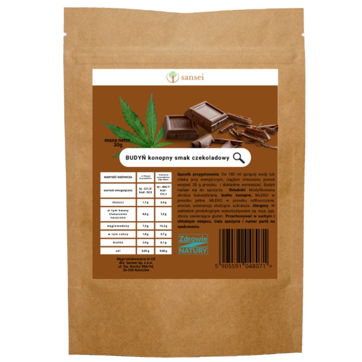 Budyń konopny o smaku czekoladowym 30g - 1 porcja Fit