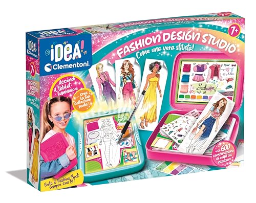 Clementoni Idea-Fashion Designer, jasna tablica, zestaw odzieży, kreatywna gra dla dziewczynki 6 lat, wielokolorowy, składany stojak, lekki top, wzory, długopis