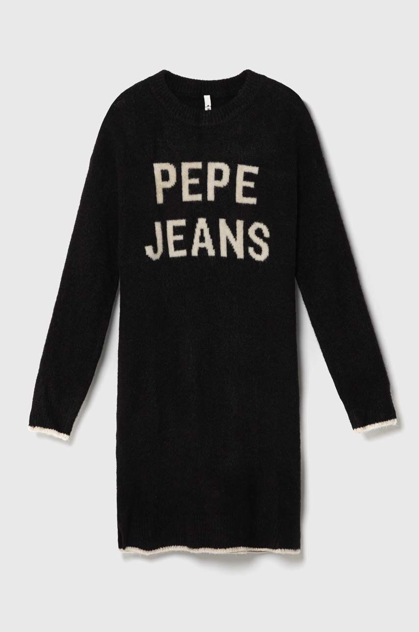 Pepe Jeans sukienka z domieszką wełny dziecięca kolor czarny mini oversize