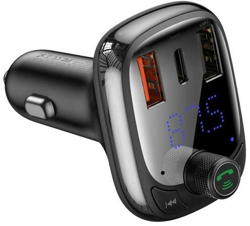 Baseus Ładowarka samochodowa + Transmiter bluetooth FM S-13 2x USB-A, USB-C, czarny