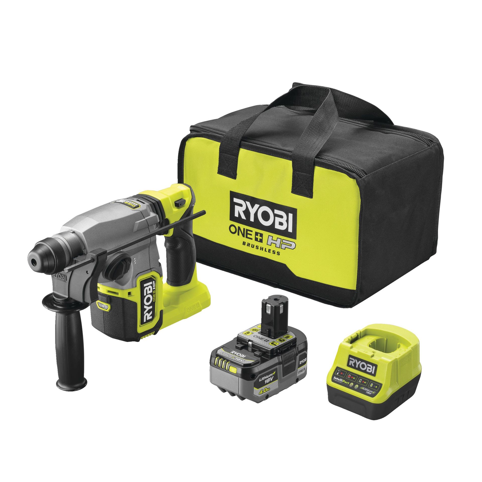 Ryobi Bezszczotkowa młotowiertarka 18V ONE+, SDS+ z akumulatorem 4.0 Ah, ładowarką i torbą | RSDS18X-1C40S