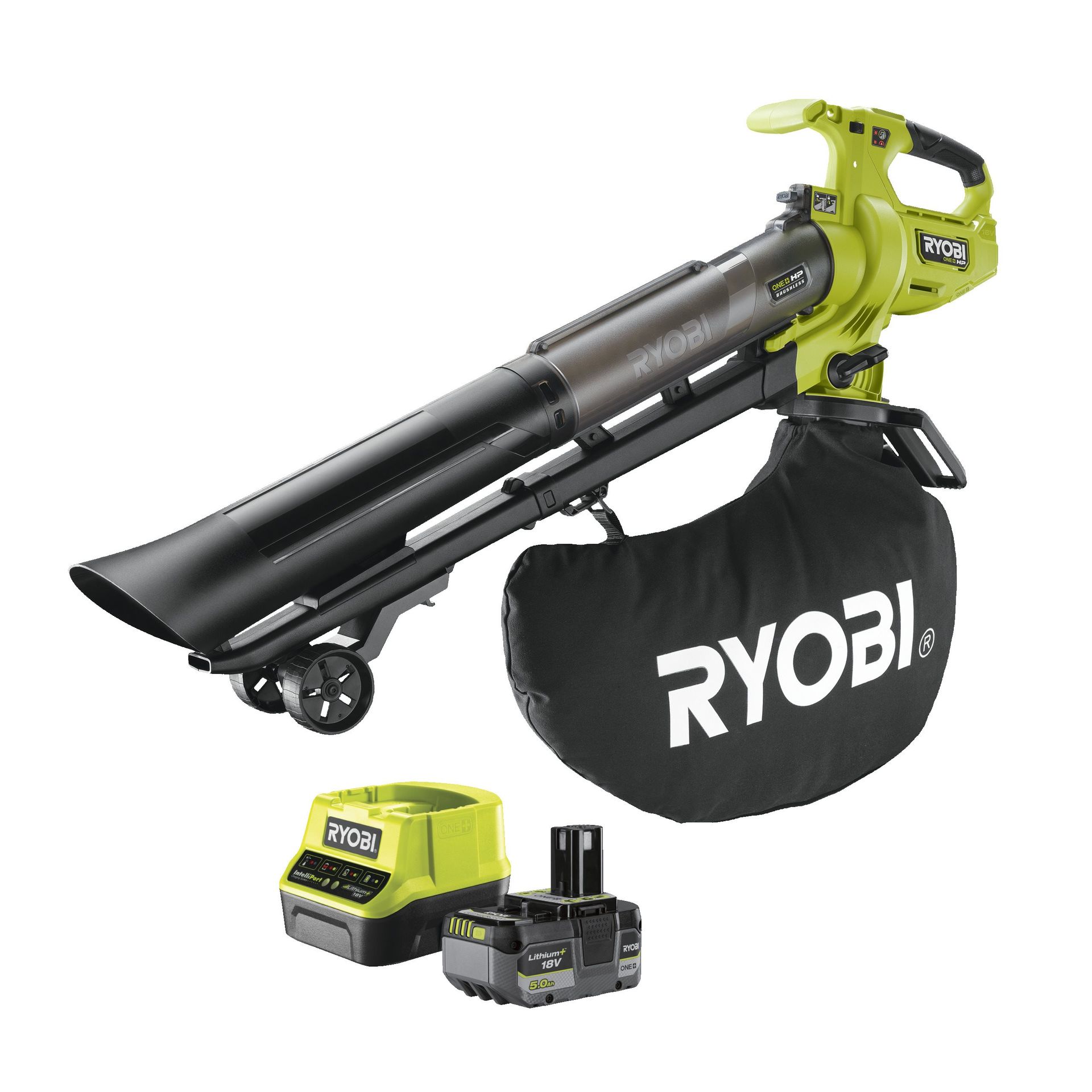 Ryobi Bezszczotkowa dmuchawa/odkurzacz 18V HP ONE+ w zestawie z akumulatorem 5.0 Ah i ładowarką | RY18BVXA-150