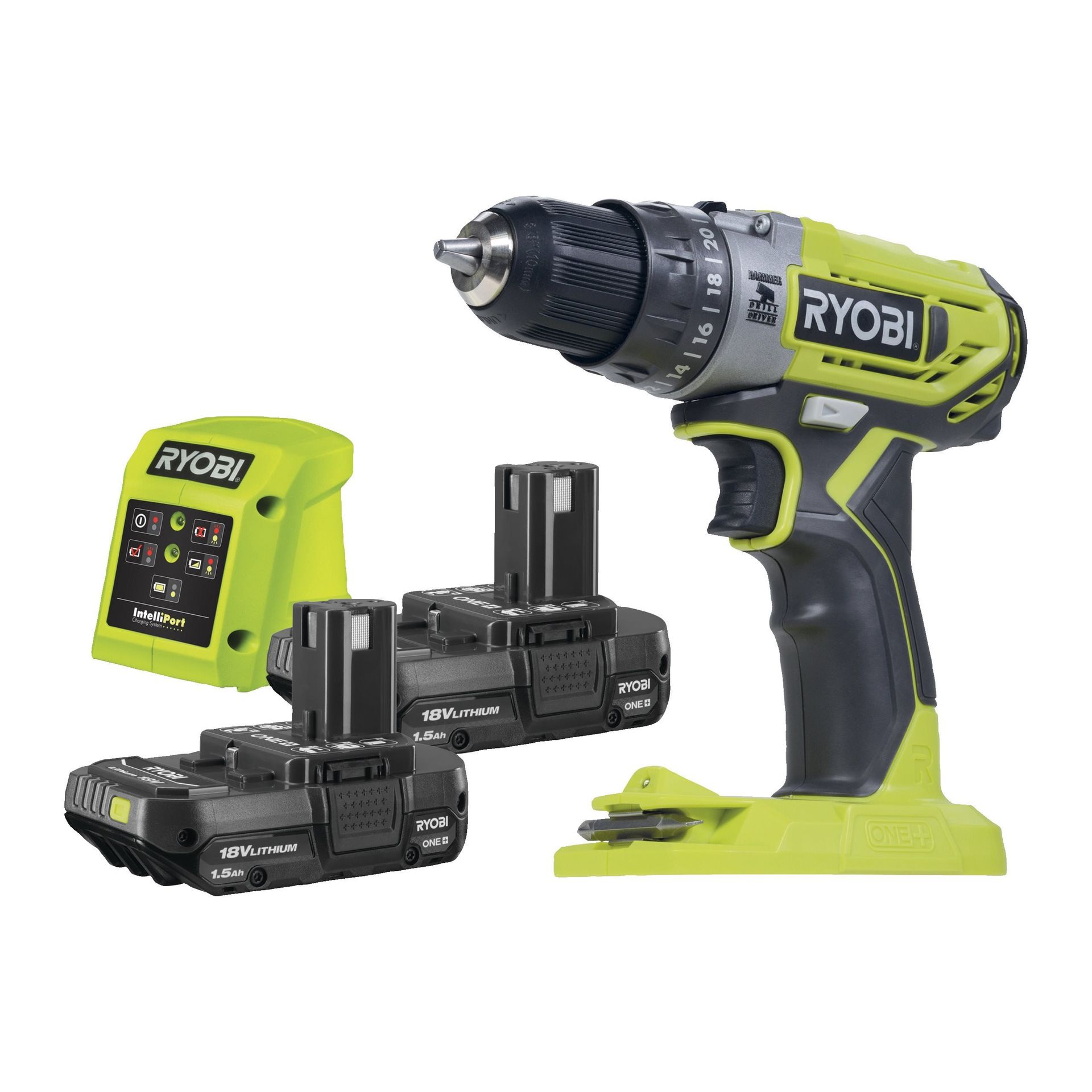 Ryobi Wiertarko-wkrętarka udarowa 18V ONE+ w zestawie z dwoma akumulatorami 1.5 Ah i ładowarką | R18PD2-2C15G