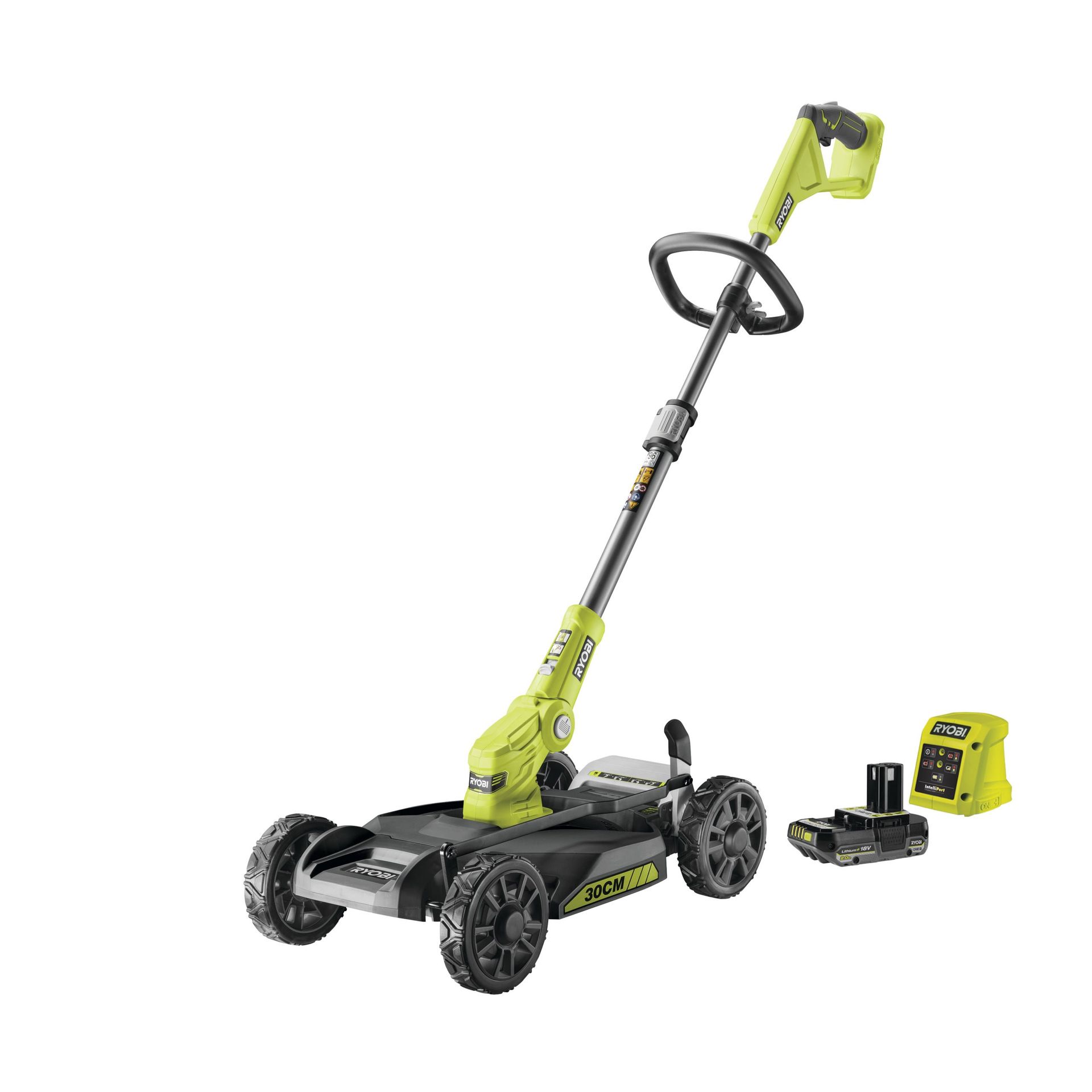 Ryobi Kosiarka 3w1, szerokość koszenia 30 cm, ONE+ 18V w zestawie z akumulatorem 2.0 Ah i ładowarką | RY18LMC30A-120