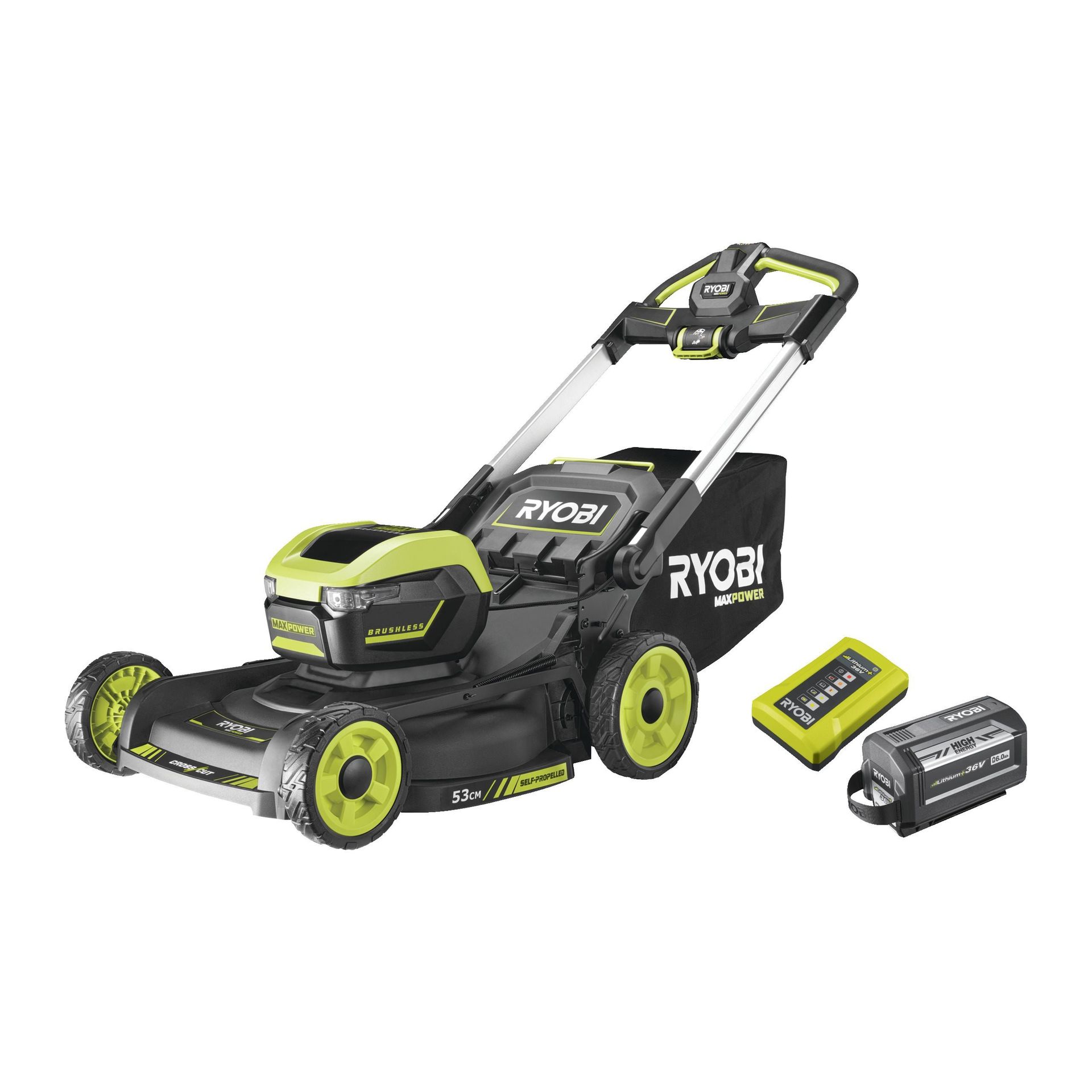 Ryobi Kosiarka 53 cm, akumulatorowa z napędem, bezszczotkowa MAX POWER 36V, 6.0 Ah z ładowarką | RY36LMXSP53A-160