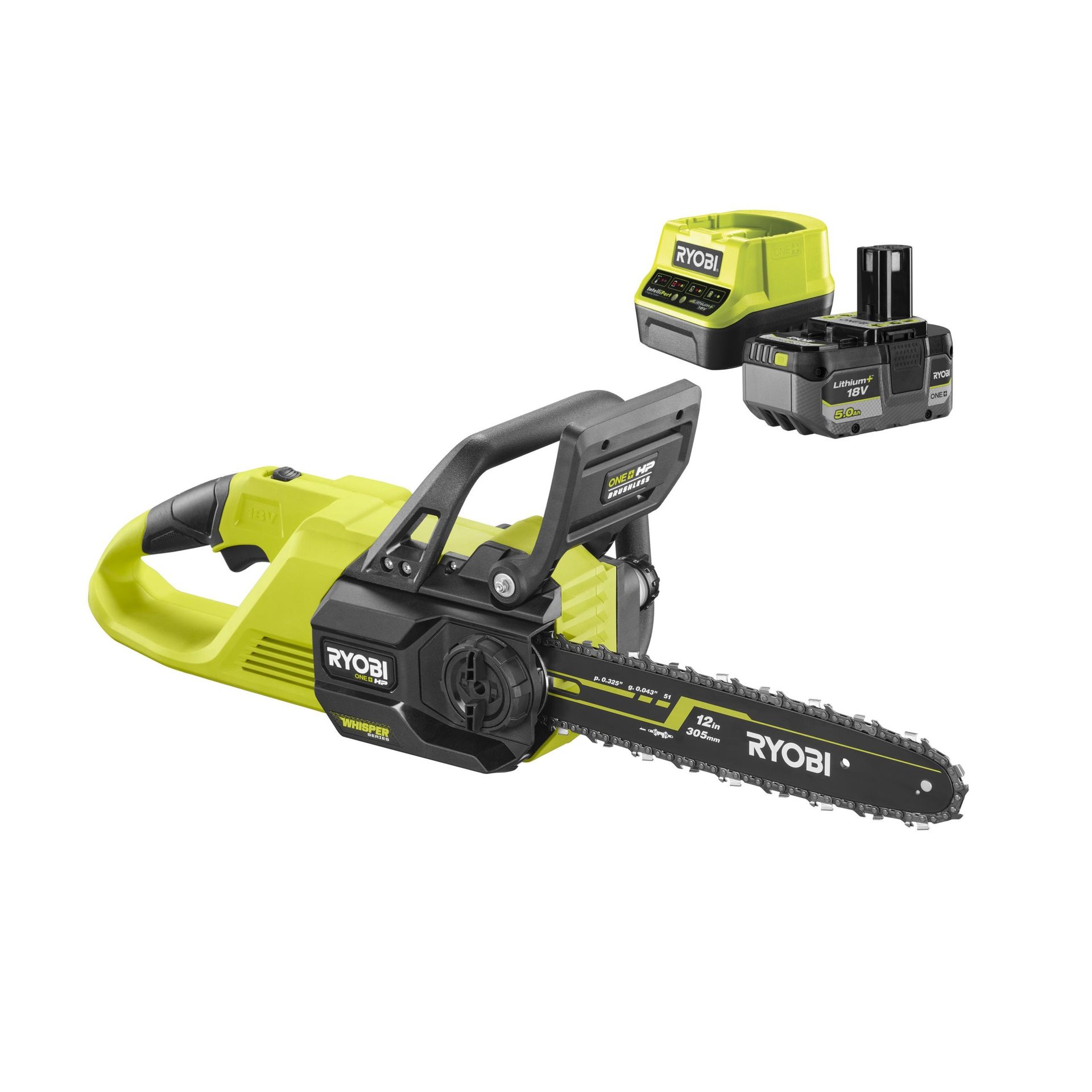 Ryobi Piła łańcuchowa bezszczotkowa  akumulatorowa 18V ONE+ HP, 5.0 Ah z ładowarką, prowadnica 30 cm | RY18CSX30A-150