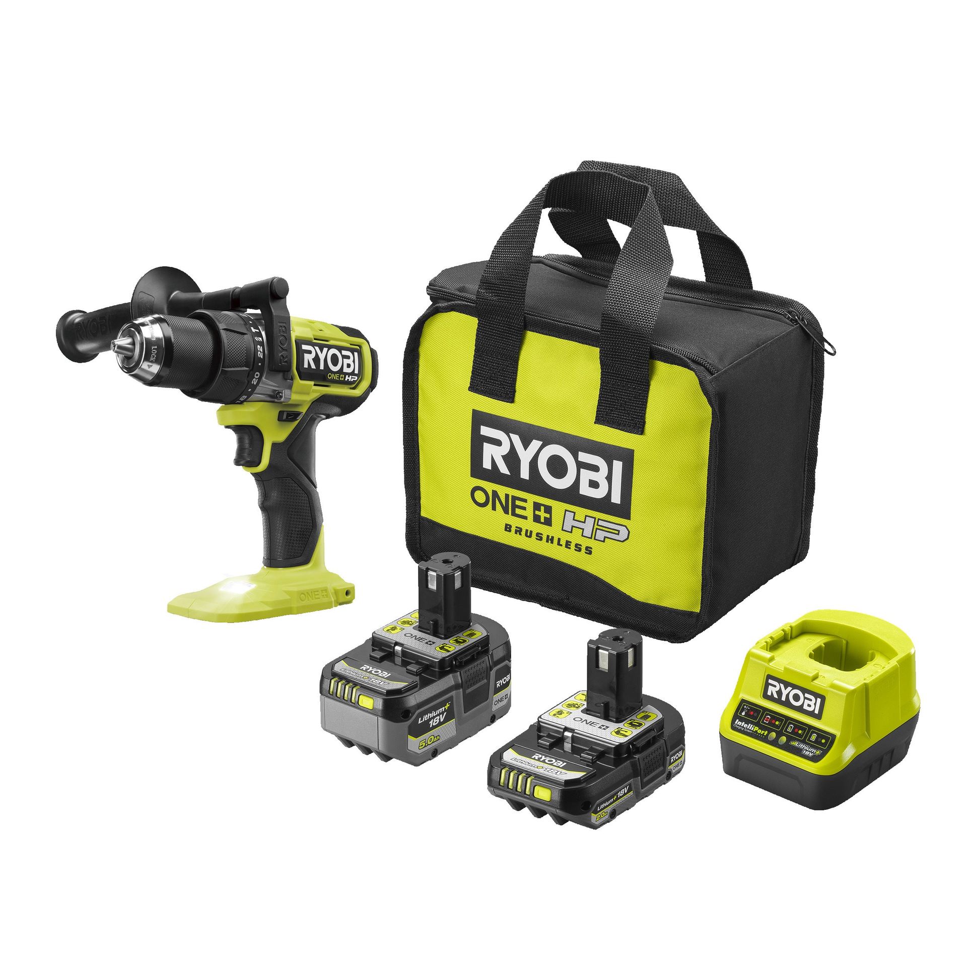 Ryobi Bezszczotkowa wiertarko-wkrętarka udarowa 18V HP ONE+ w zestawie z 2 akumulatorami 2.0 i 5.0 Ah, ładowarką i torbą | RPD18X-2C52S