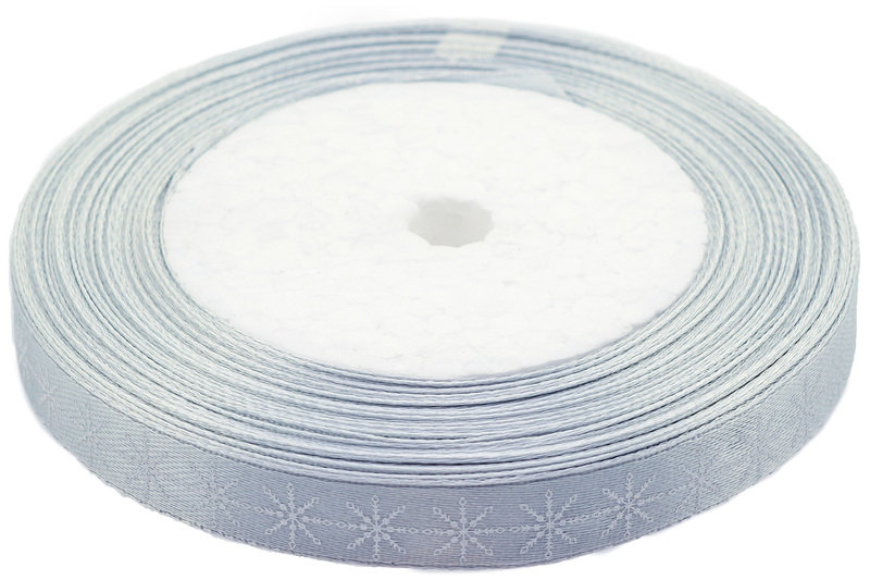 Brewis Wstążka satynowa 12mmx22m śnieżynki biało-srebrne