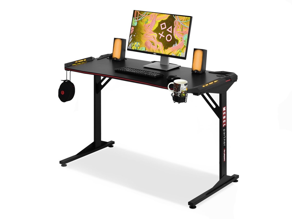 BIURKO DLA GRACZA Z LEDAMI MADS LED CZARNY KARBON CZARNA