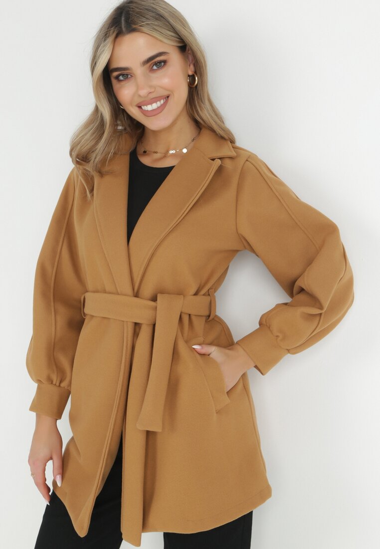 Jasnobrązowy Płaszcz z Wiązanym Paskiem i Bufiastym Rękawem Imgrucu