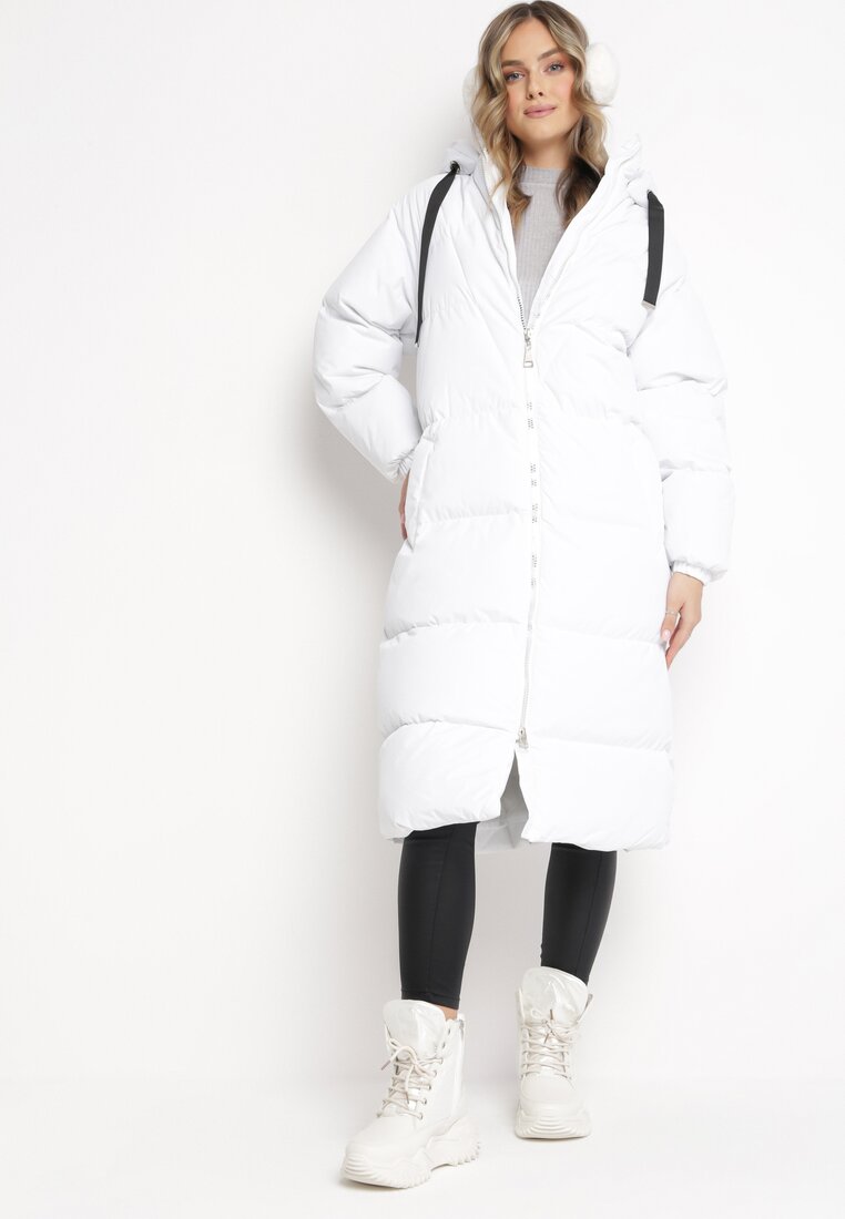 Biała Długa Kurtka Pikowana Płaszcz na Zamek z Kapturem Lesea