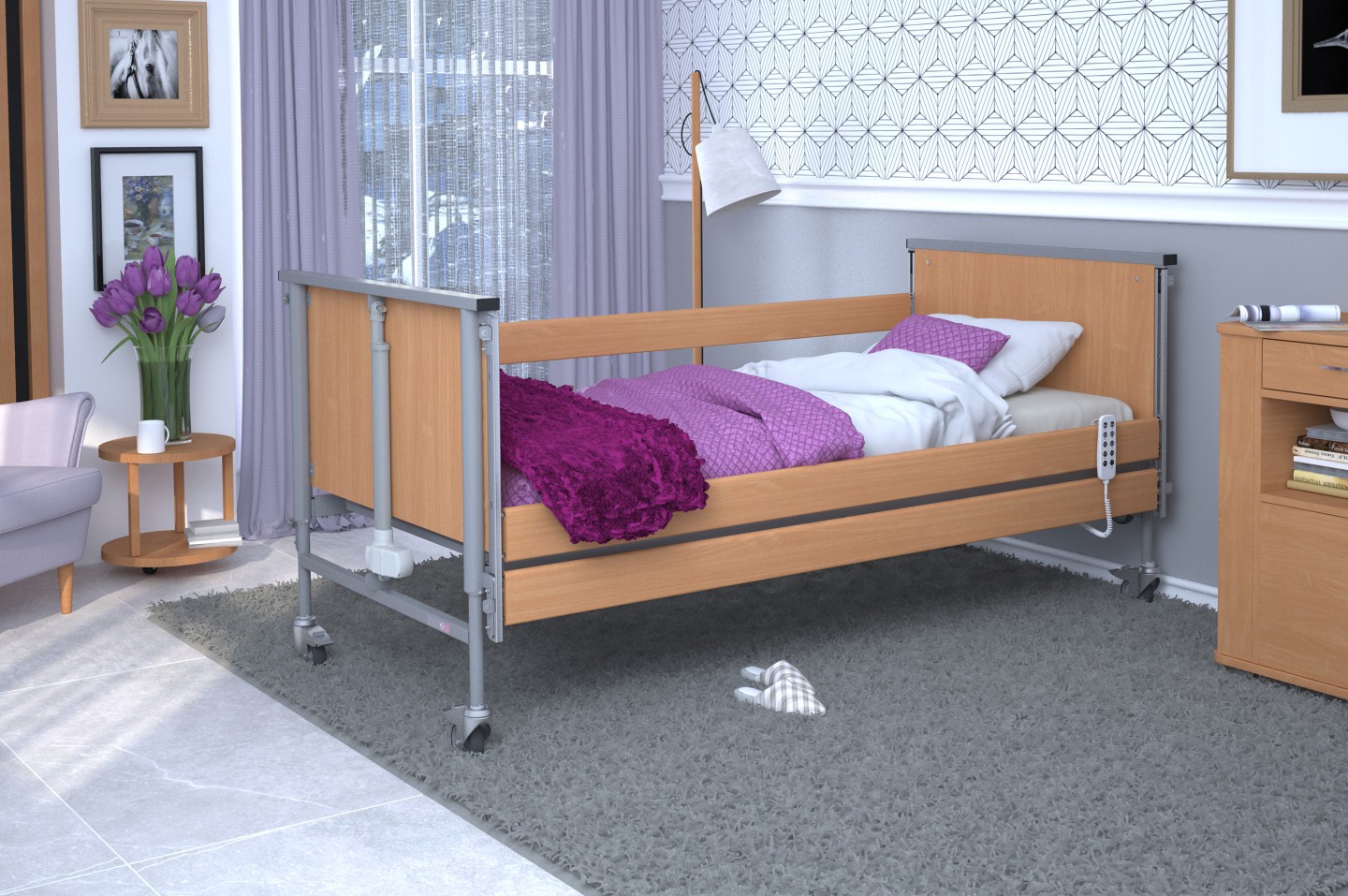 Łóżko rehabilitacyjne TAURUS 2 regulowane RehaBed : Rodzaj leża - Metalowe, Standardowe kolory ramy łóżka - Buk, Stolik typu Tablet: - Tak, Wysięgnik (max odciążenie 80 kg): - Tak