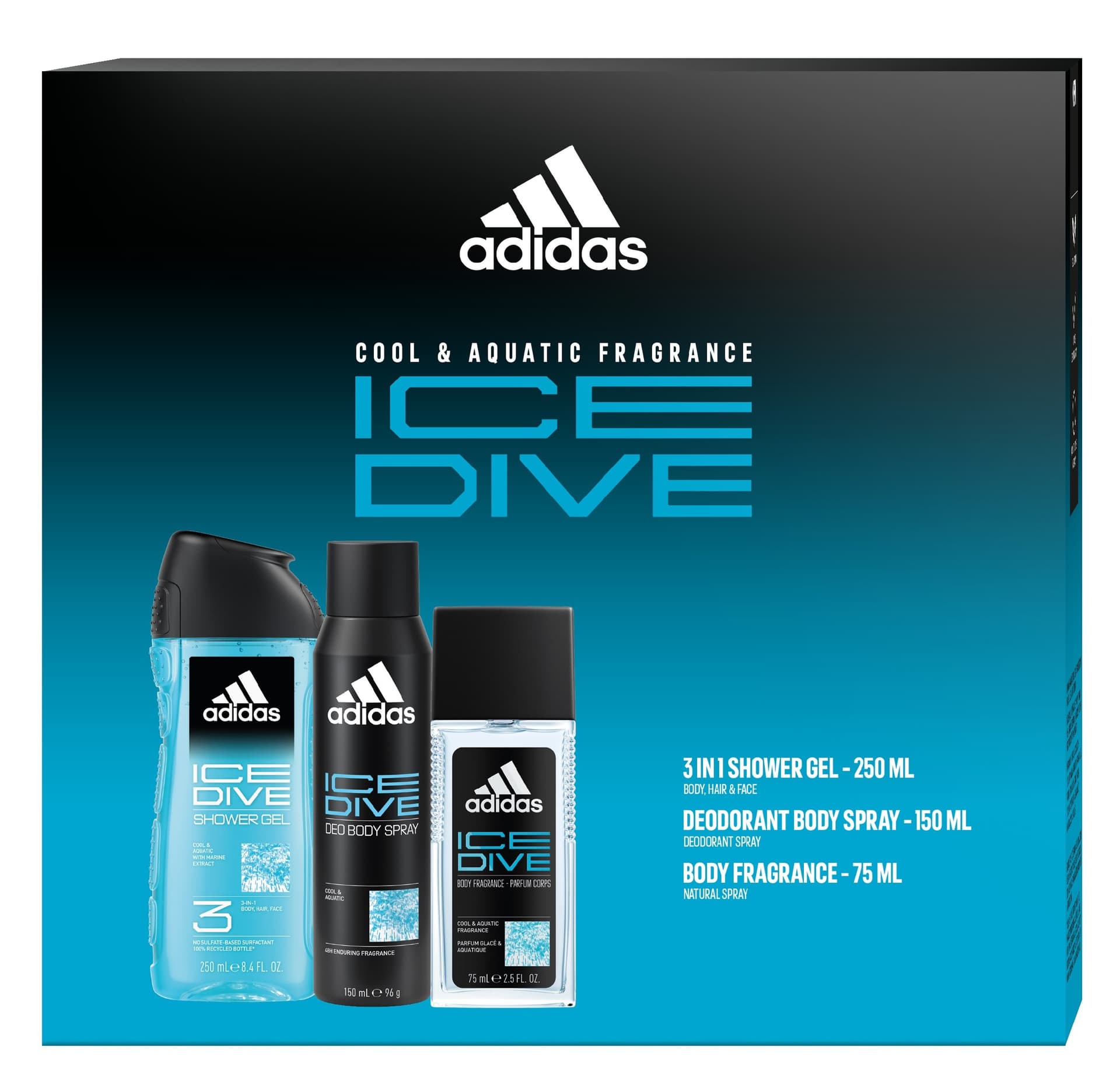 ADIDAS Zestaw prezentowy Ice Dive (Dezodorant naturalny spray 75ml+Dezodorant spray 150ml+Żel pod prysznic 3w1)