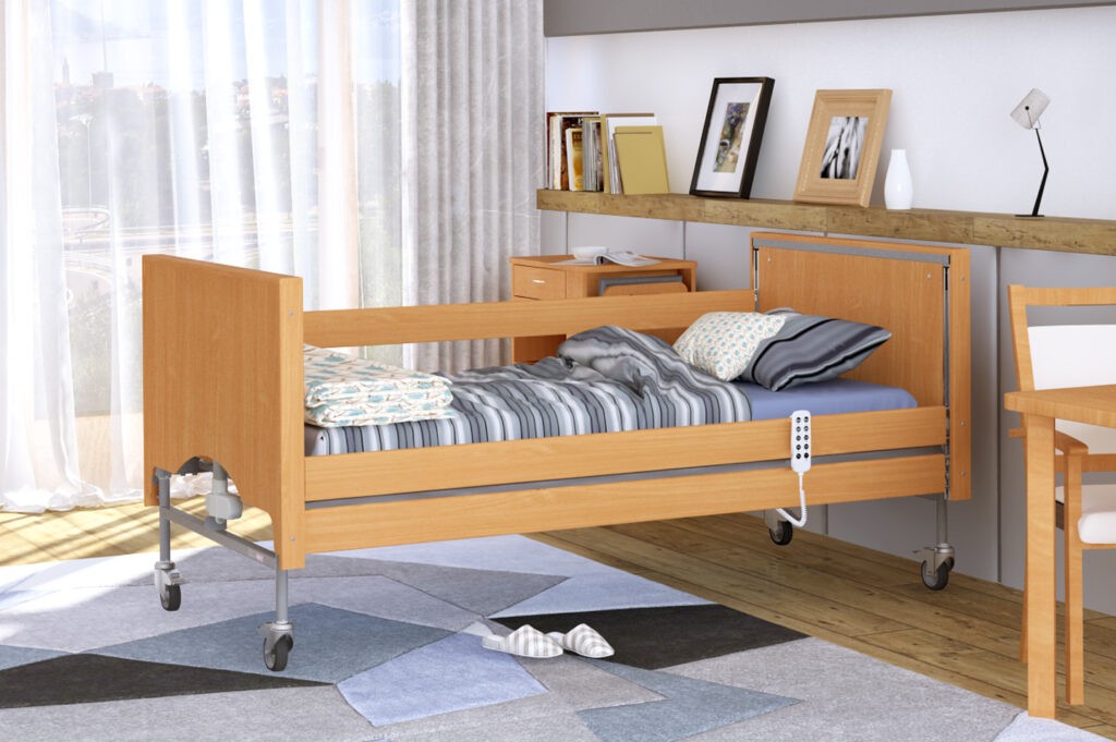 Łóżko rehabilitacyjne regulowane TAURUS 2 LUX z zabudowanymi szczytami RehaBed : Rodzaj leża - Metalowe, Standardowe kolory ramy łóżka - Jasny dąb, Stolik typu Tablet: - Tak, Wysięgnik (max odciążenie 80 kg): - Tak