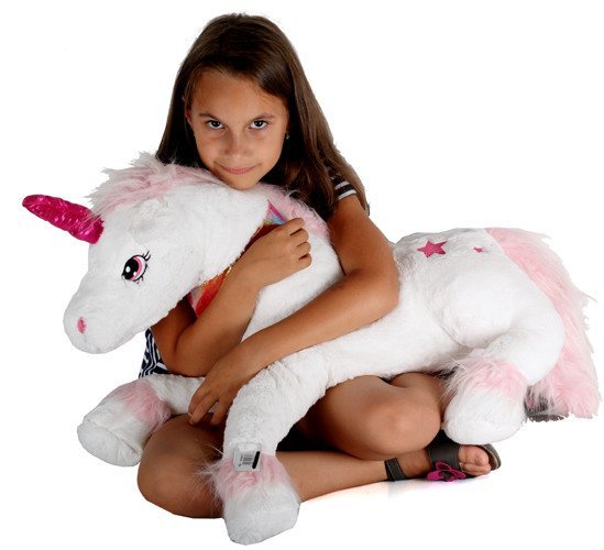 . Plusz jednorożec z muzyką. Wymiary w przybliżenu dł. 90 cm, wys. 40 cm, gł. 30 cm.