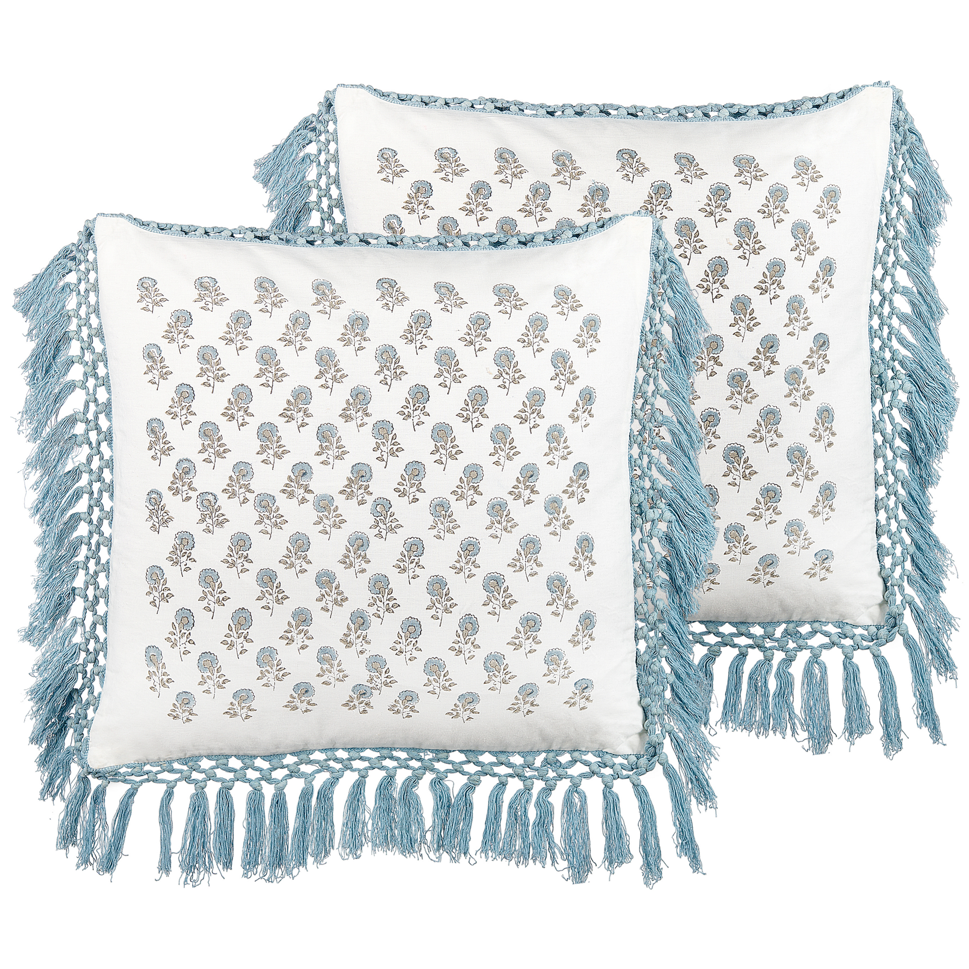 2 bawełniane poduszki dekoracyjne w kwiaty z frędzlami 45 x 45 cm biało-niebieskie PALLIDA