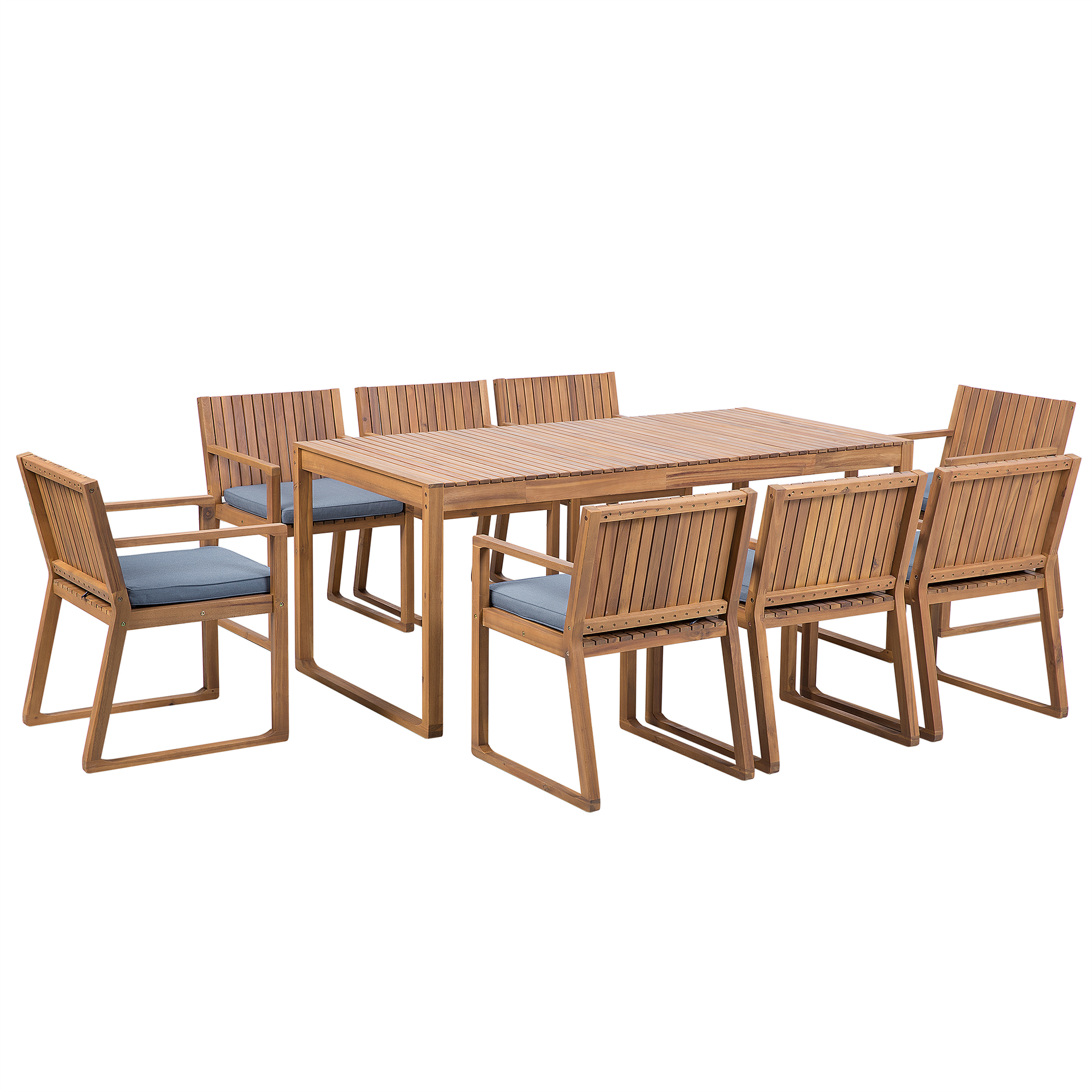 Beliani Zestaw ogrodowy drewniany stół i 8 krzeseł z poduszkami niebieskimi SA