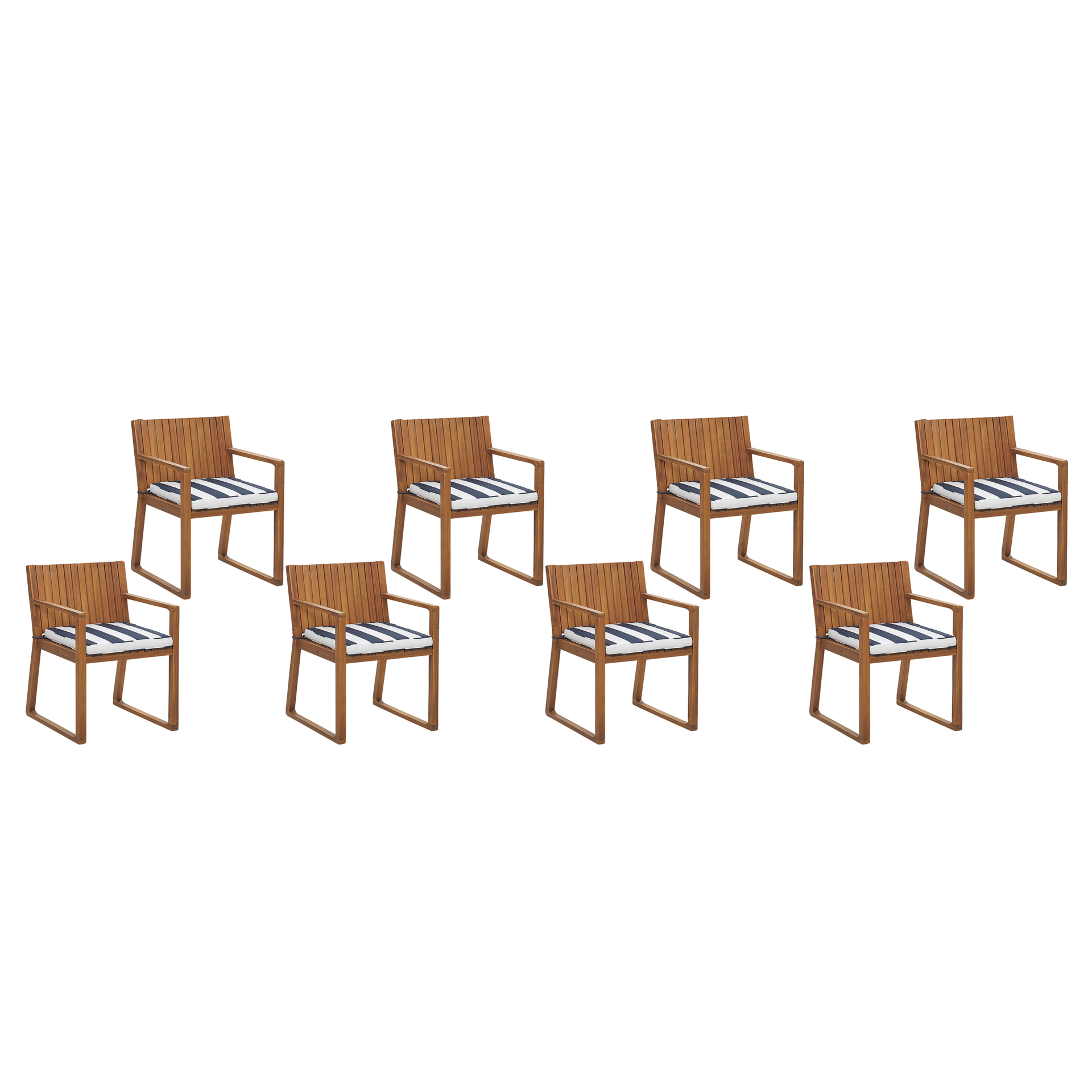 Beliani Zestaw 8 krzeseł ogrodowych drewnianych z poduszkami niebiesko-białymi