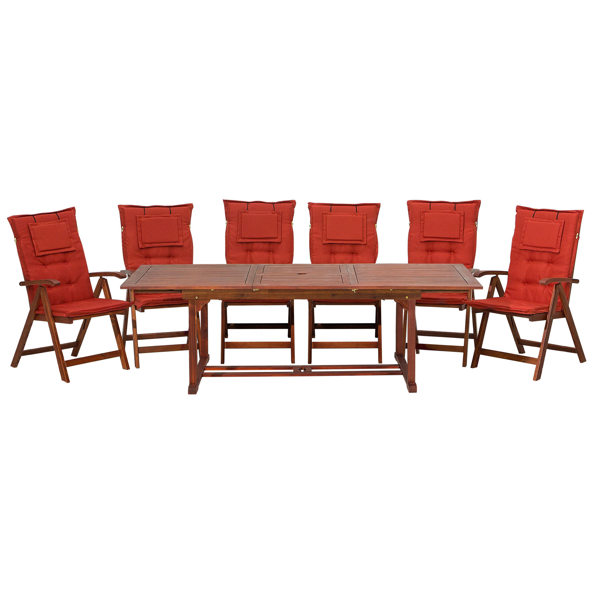 Shumee Zestaw ogrodowy drewniany stół i 6 krzeseł z czerwonymi poduszkami TOSCANA 262694