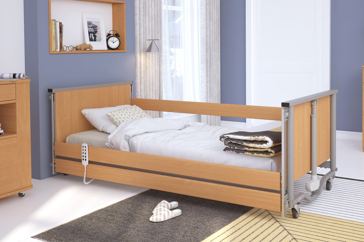 Łóżko rehabilitacyjne regulowane  TAURUS 2 LOW z możliwością obniżenia pozycji leża RehaBed : Rodzaj leża - Drewniane, Standardowe kolory ramy łóżka - Buk, Stolik typu Tablet: - Tak, Wysięgnik (max odciążenie 80 kg): - Tak