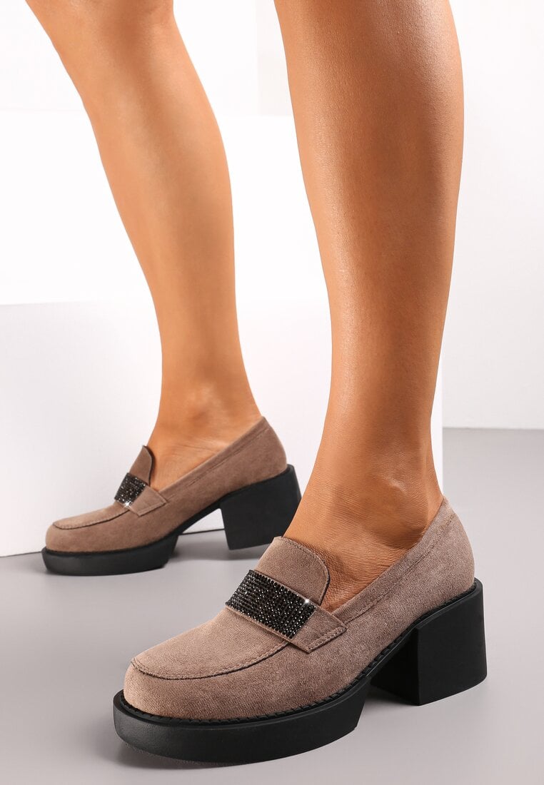 Beżowe Półbuty na Słupku i Platformie z Biżuteryjną Klamrą i Skórzaną Wkładką Azuwena