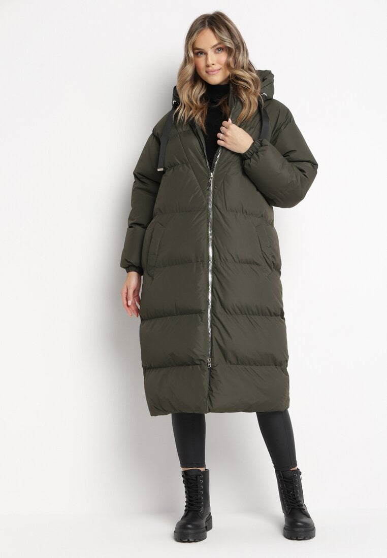 Zielona Długa Kurtka Pikowana Płaszcz na Zamek z Kapturem Lesea