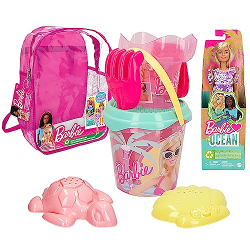 ColorBaby 77388 Barbie zestaw plażowy dla dzieci z łopatą i akcesoriami, zestaw kostek plażowych, plecak plażowy dla dziewczynek, zestaw na plażę dla dzieci, plecak z zabawkami