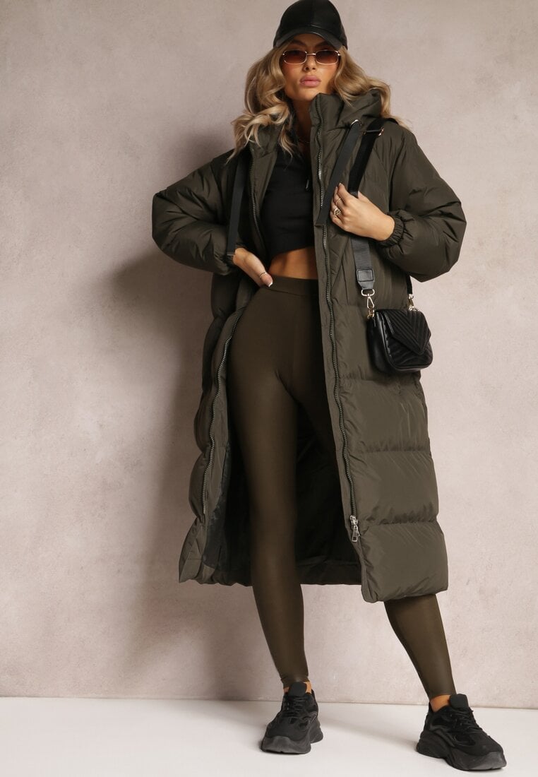 Zielona Długa Kurtka Pikowana z Kapturem Serea