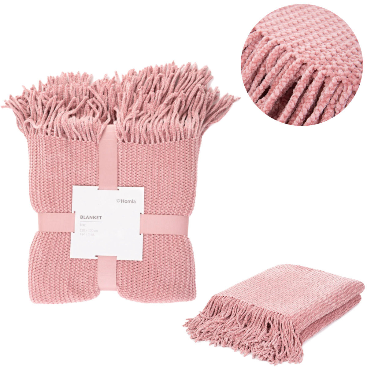 Koc CHENILLE szenilowy różowy 130x170 cm HOMLA