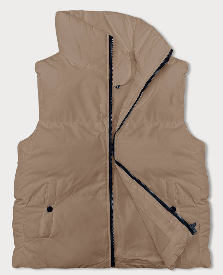 PUCHOWA KAMIZELKA DAMSKA ZE STÓJKĄ CIEMNY BEŻ (5M3150-84) - J STYLE