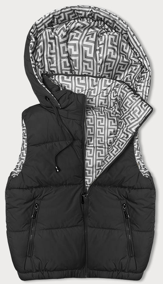 KRÓTKI PUCHOWY BEZRĘKAWNIK DAMSKI Z KAPTUREM CZARNY (16M9091-392) - J STYLE