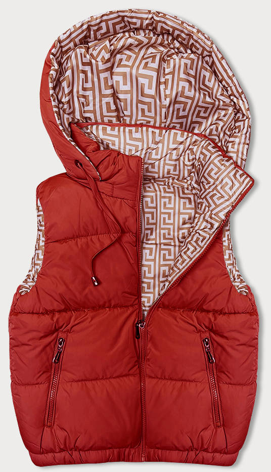 KRÓTKI PUCHOWY BEZRĘKAWNIK DAMSKI Z KAPTUREM CZERWONY (16M9091-270) - J STYLE