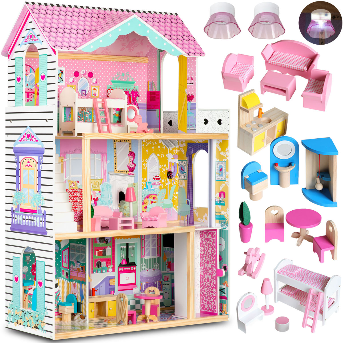 Ricokids Drewniany domek dla lalek duży 3-piętrowy z windą i lampką LED 7829