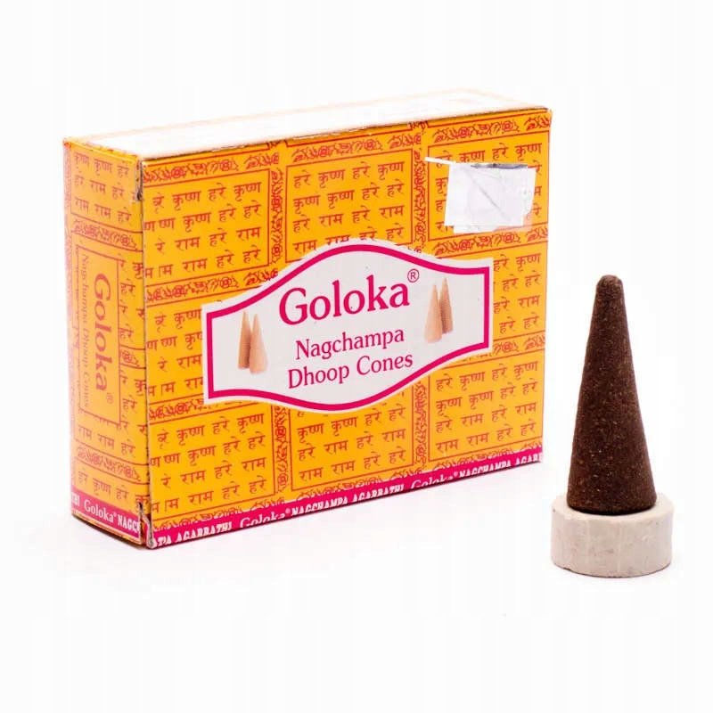 Goloka Oryginalne Kadzidła w stożkach NAG CHAMPA 10 sztuk z podstawką Goloka 8906051431119