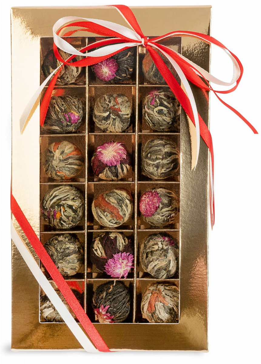 Zestaw herbat kwitnących 18 sztuk w ozdobnym pudełku, herbata kwitnąca na prezent