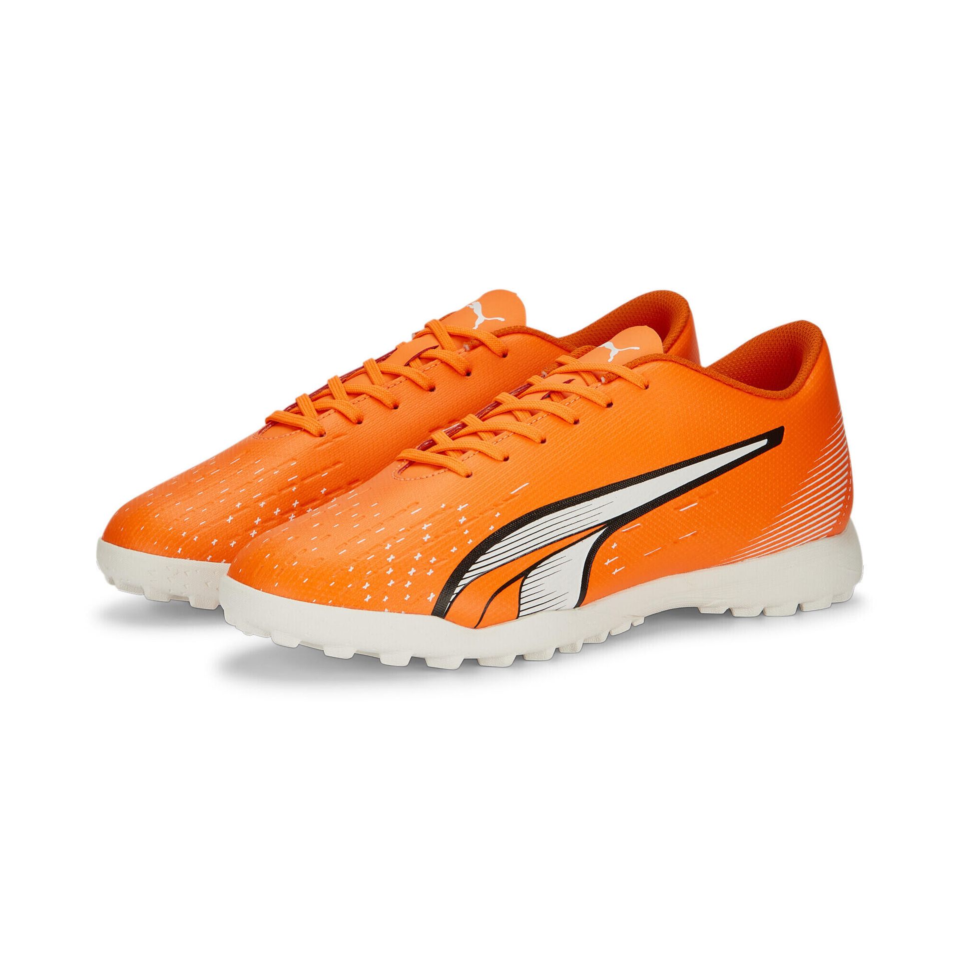 PUMA Męskie buty piłkarskie Play TT, ultramiękkie pomarańczowe biało-niebieskie błyszczące, Ultra pomarańczowy Puma biały niebieski błyszczący, 44 EU