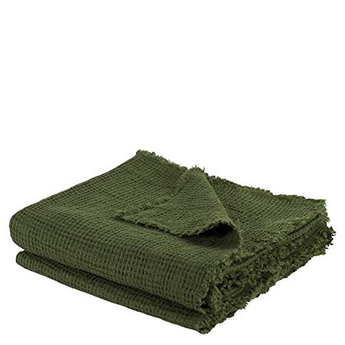 Honeybee-Plaid – miękki koc z lnu – jednokolorowy tkany pled z frędzlami z naturalnych materiałów – 170 x 230 cm – 675 huntergreen – od 'zoeppritz since 1828'