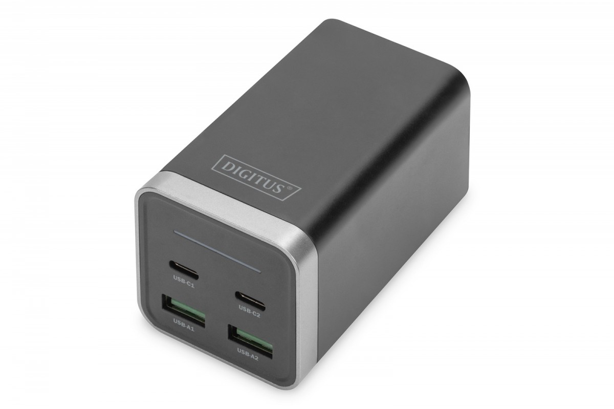 Ładowarka sieciowa uniwersalna, zasilacz GaN, 4 porty 2x USB-C 2x USB-A PD 3.0 65W Czarna