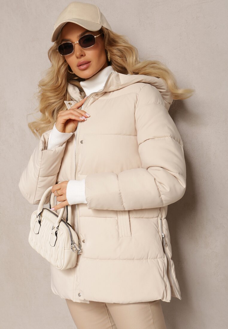 Beżowa Pikowana Kurtka z Wsuwanymi Kieszeniami i Nieodpinanym Kapturem Teoga