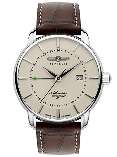 Zeppelin 8442 Męski zegarek ze skórzanym paskiem serii Atlantic Quartz GMT Date, Brązowy, taille unique, pasek