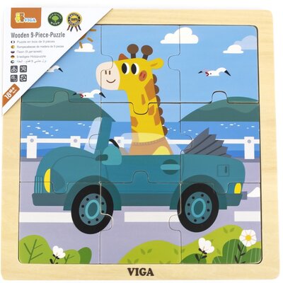VIGA Poręczne Drewniane Puzzle Żyrafa w aucie 9 elementów