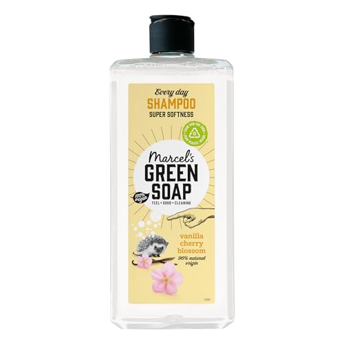 Marcel's Green Soap Szampon - Vanilla & Cherry Blossom Scent, wzbogacony naturalnymi olejkami, 97% naturalny, 98% biodegradowalny, wegański, 300 ml - Gentle Care for Hair & Planet