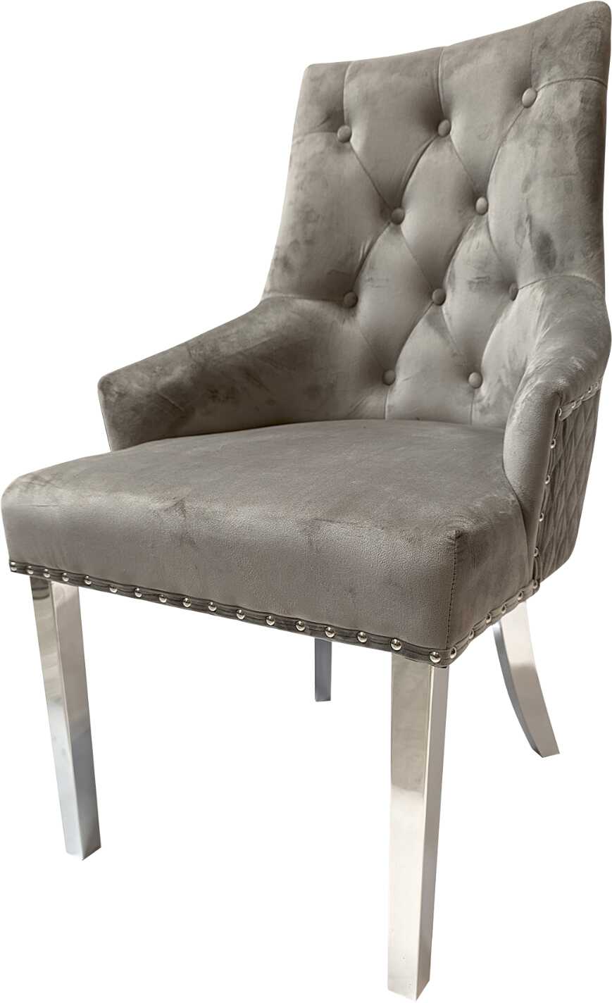 KRZESŁO/FOTEL tapicerowane, welurowy, szary, srebrny, stal nierdzewna, unikatowe wykończenie