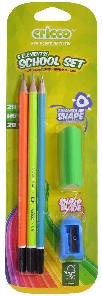 Ołówek HB 2H 2B Cricco neonowy 3 szt. + gumka + temperówka
