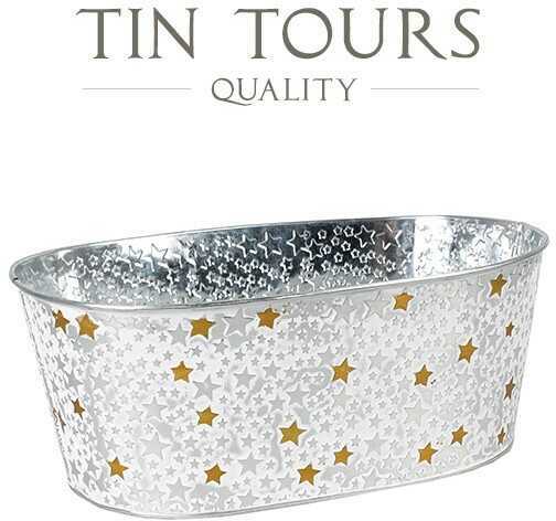 OWALNY SREBRNY METALOWY KOSZYK W GWIAZDKI 30x20x12 cm